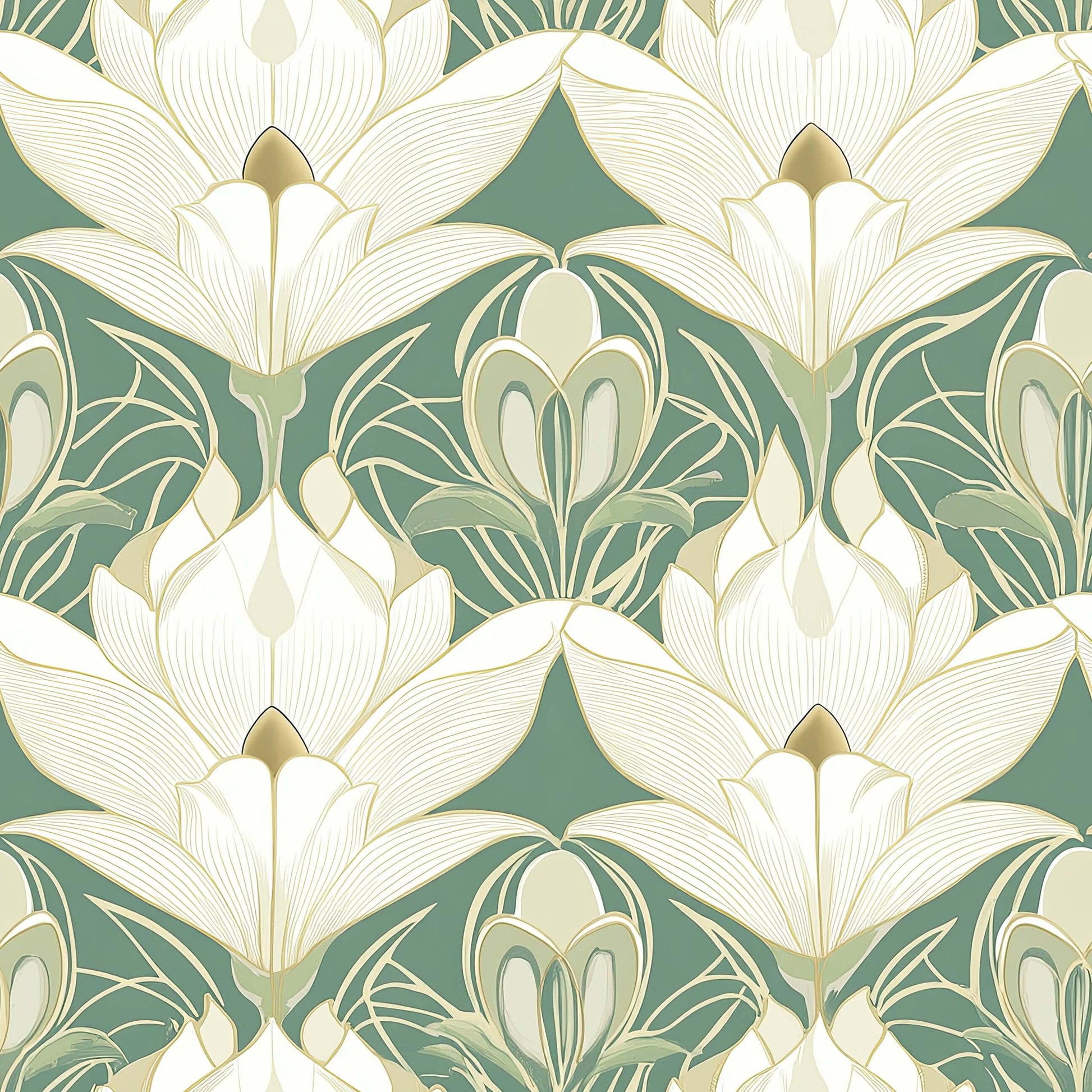 Vintage floral wallpaper with cream lotus flowers and gold outlines on a sage green background, featuring Art Deco and Art Nouveau styles.