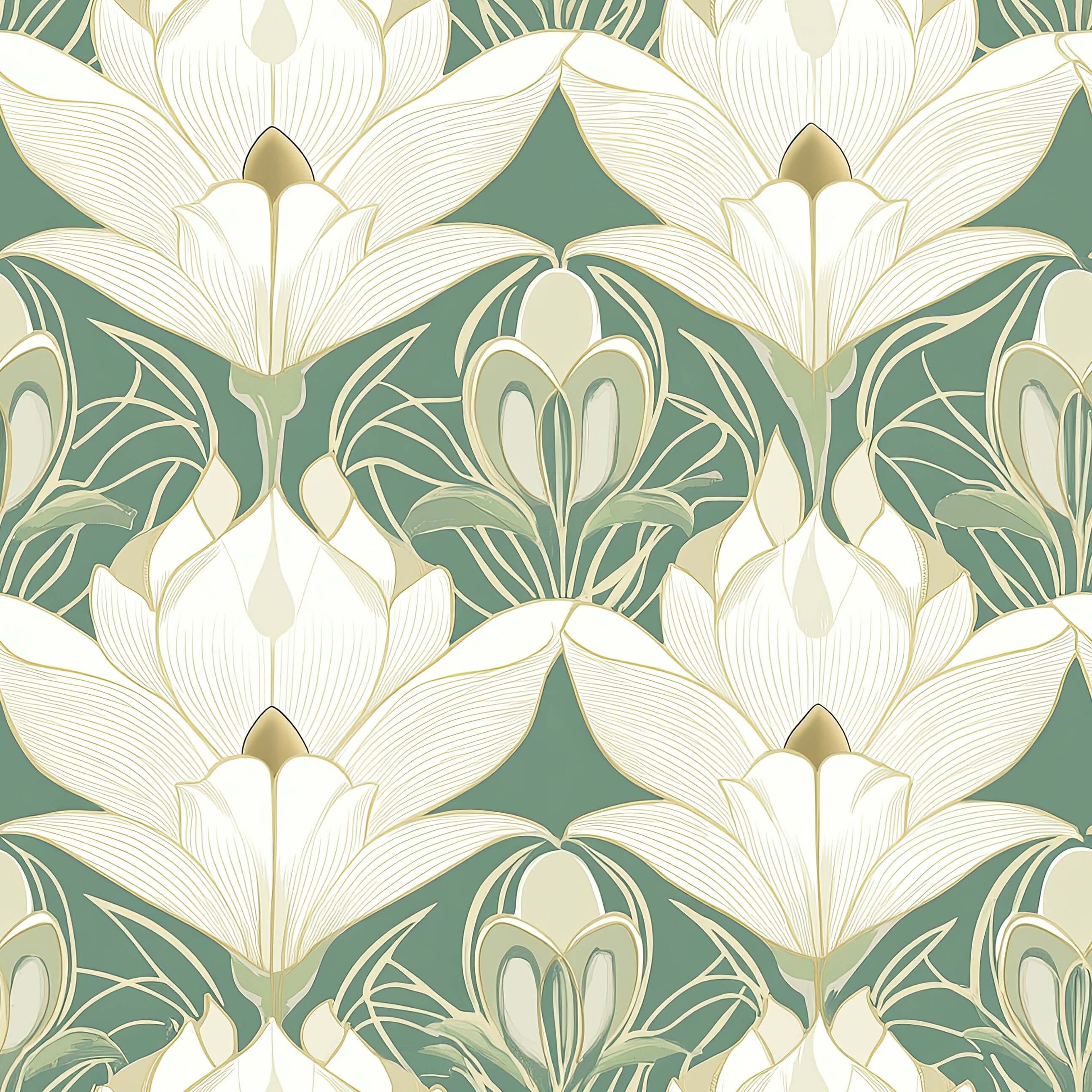 Vintage floral wallpaper with cream lotus flowers and gold outlines on a sage green background, featuring Art Deco and Art Nouveau styles.