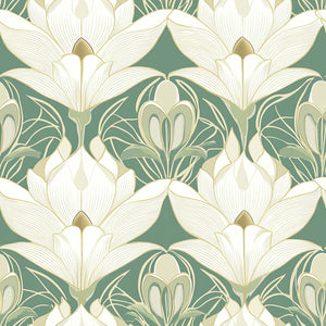 Vintage floral wallpaper with cream lotus flowers and gold outlines on a sage green background, featuring Art Deco and Art Nouveau styles.