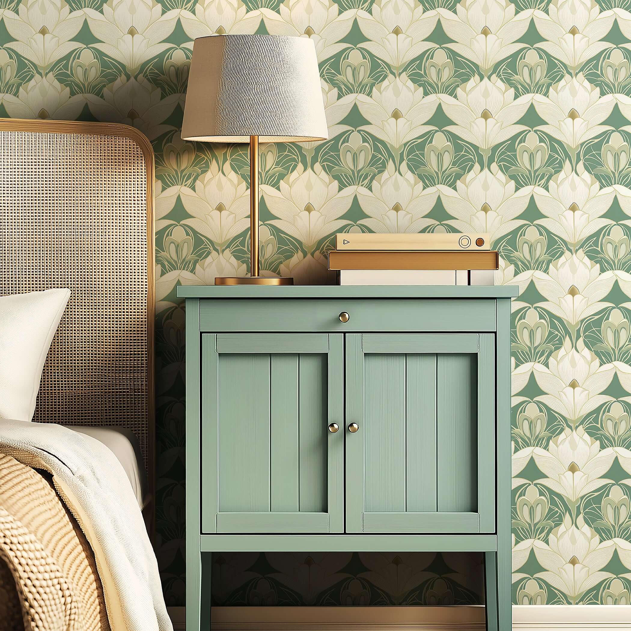Vintage Garden Luxe wallpaper with cream lotus flowers, gold outlines on sage green, behind a green nightstand and lamp.