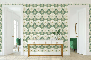 Vintage Garden Luxe wallpaper featuring cream lotus flowers with gold outlines on sage green, perfect for an art deco or nouveau look.