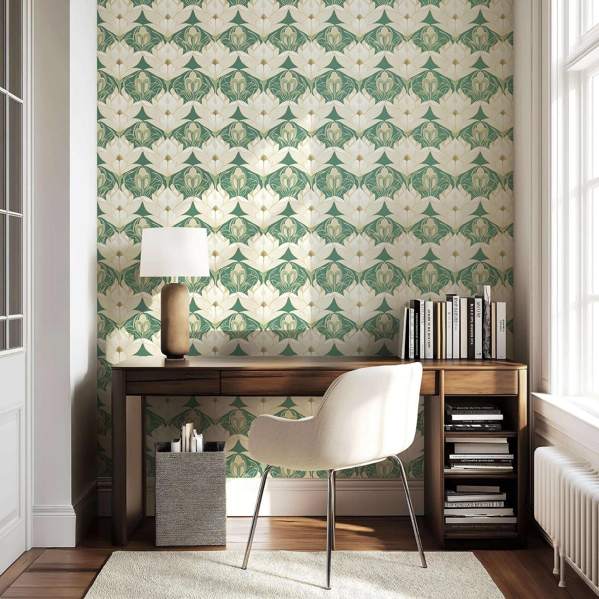 Vintage Garden Luxe wallpaper: Art Deco floral design with cream lotus on sage green background, perfect for stylish interiors.