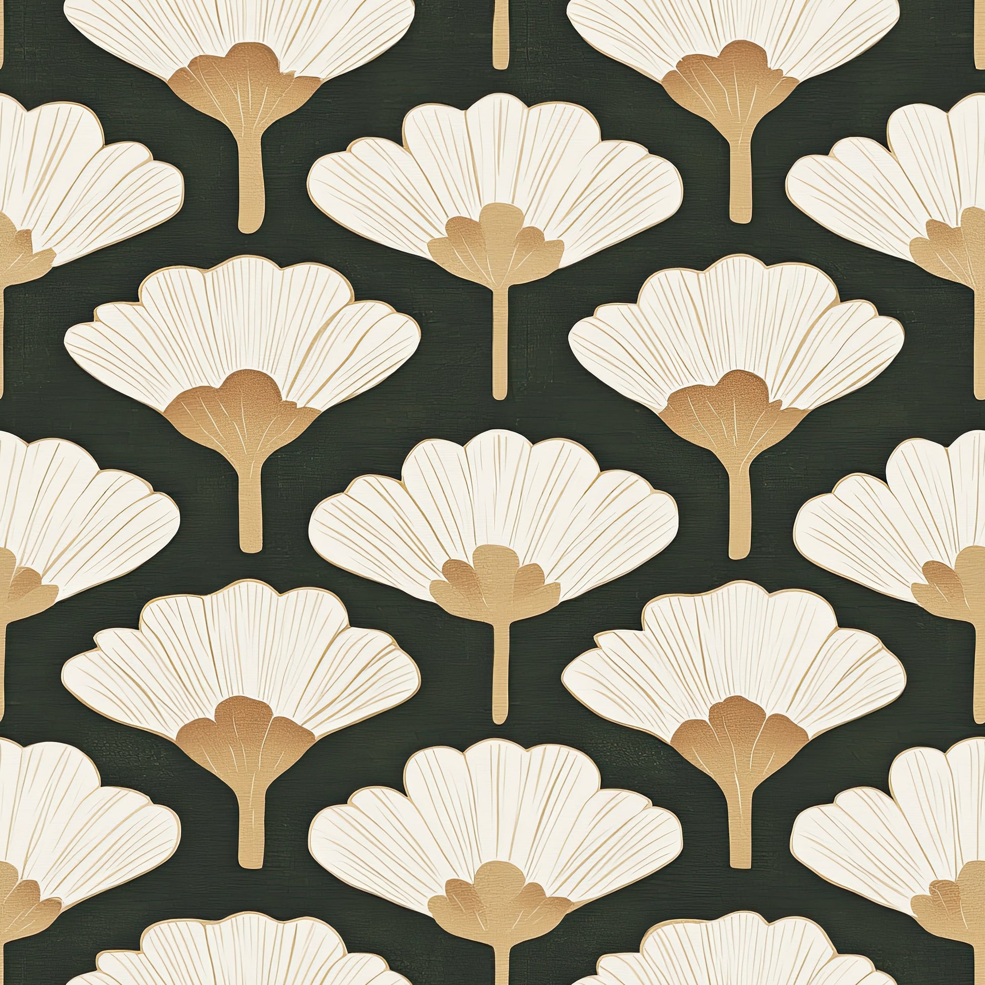Retro Chic Ginkgo Leaf Wallpaper in cream and gold on dark green background, showcasing floral art deco style for modern interiors.