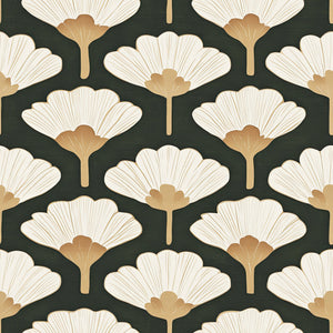Retro Chic Ginkgo Leaf Wallpaper in cream and gold on dark green background, showcasing floral art deco style for modern interiors.