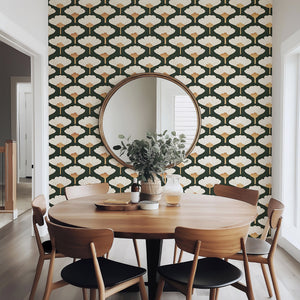 Retro Chic Ginkgo Leaf Wallpaper in cream and gold on dark green, enhancing a modern dining area with floral art deco elegance.