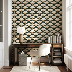 Retro Chic Ginkgo Leaf wallpaper with cream and gold leaves on dark green background, creating an art deco floral accent in a modern office.