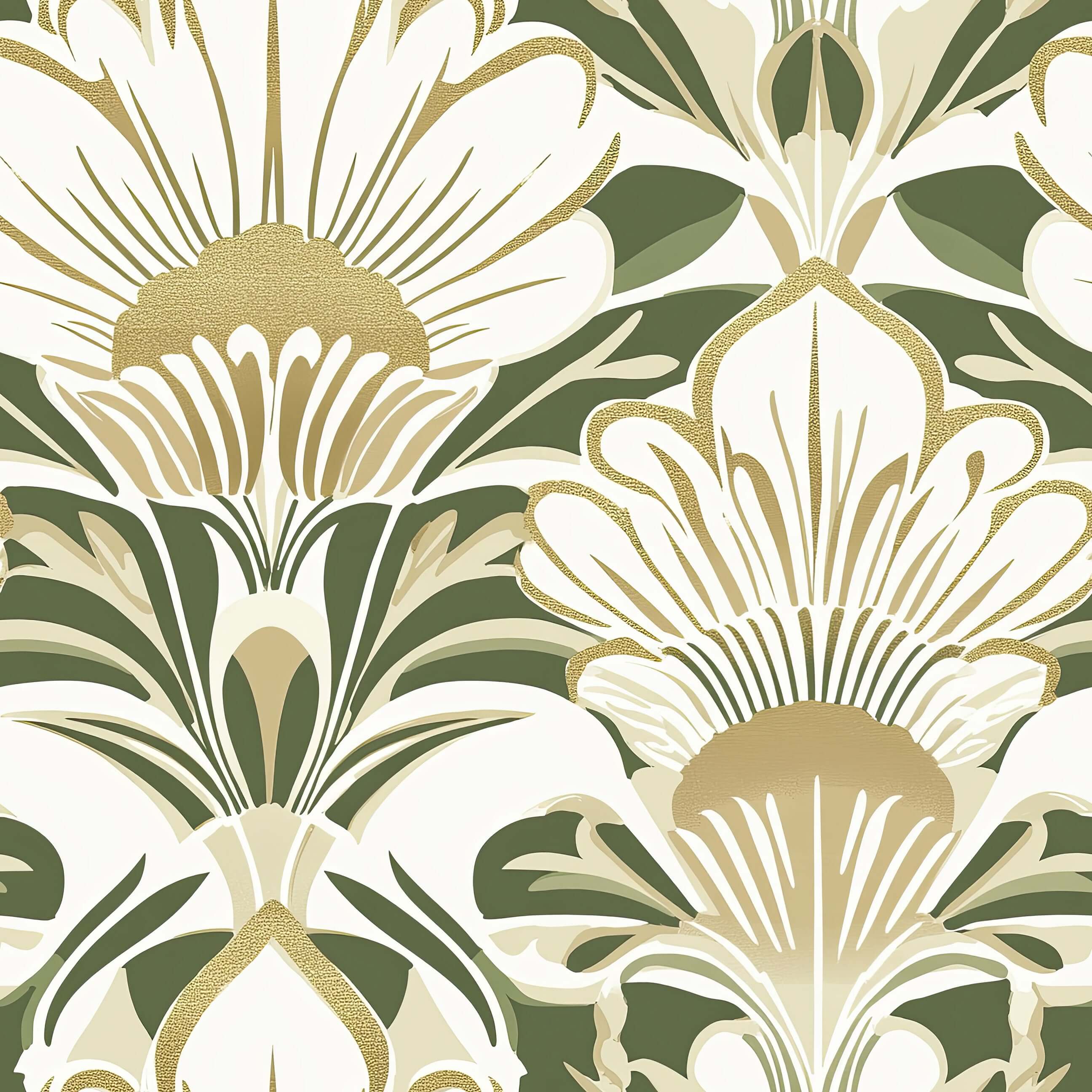 Golden Flora Majesty wallpaper with Art Deco design featuring white flowers, gold accents, and a green background.