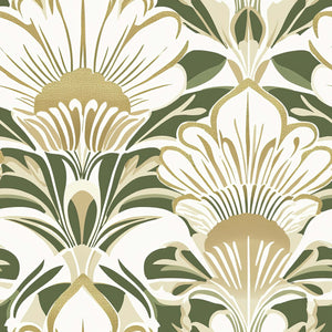 Golden Flora Majesty wallpaper with Art Deco design featuring white flowers, gold accents, and a green background.