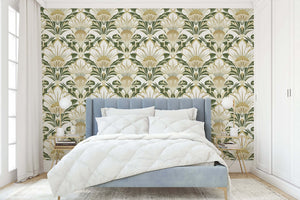 Luxurious Art Deco wallpaper with ivory flowers, gold accents, and a green background in a modern bedroom setting.