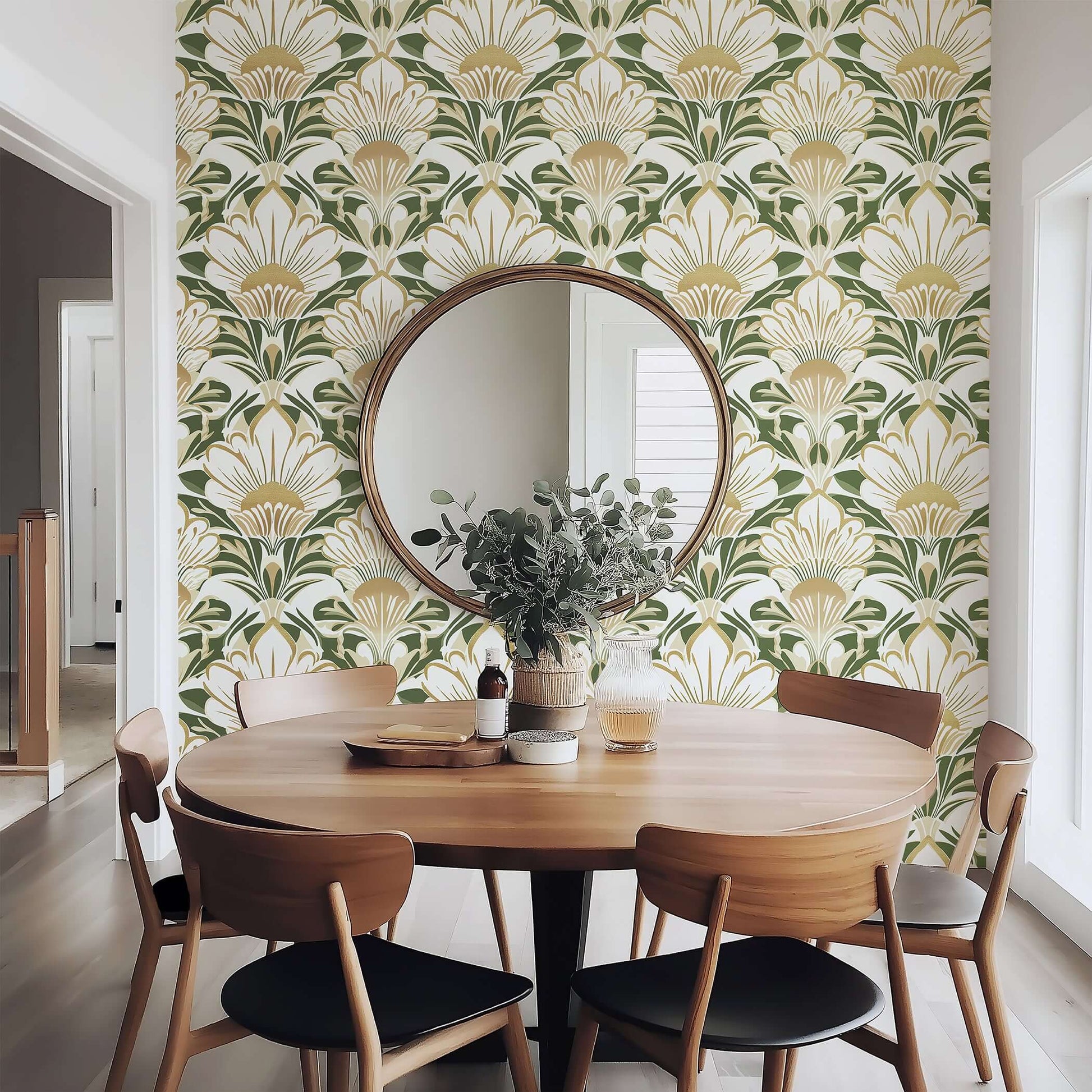 Art Deco floral wallpaper in green, gold, and ivory with white flowers, enhancing a dining room with elegant Art Nouveau design.