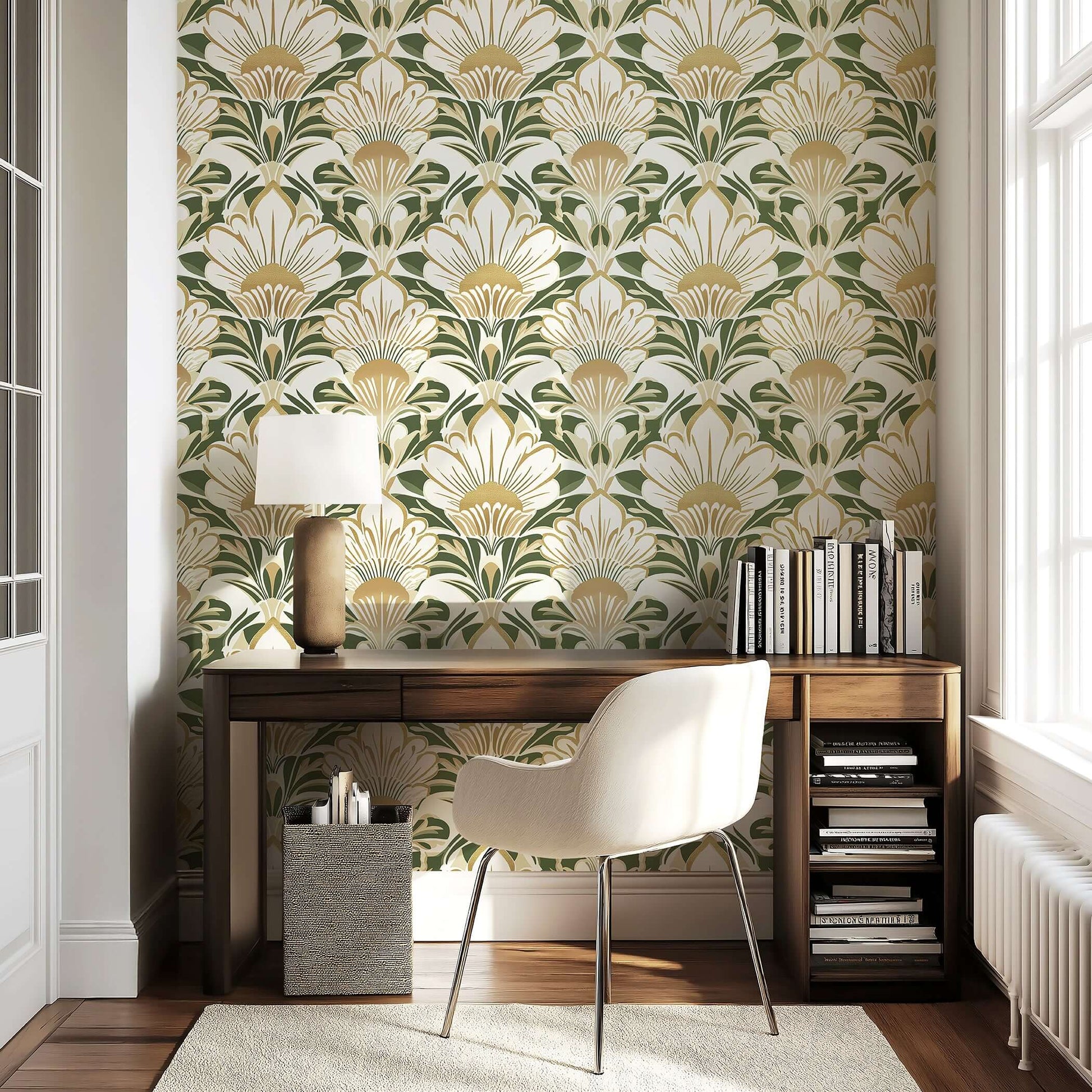 Art Deco floral wallpaper with white flowers, gold accents, and a green background in a stylish room setting.