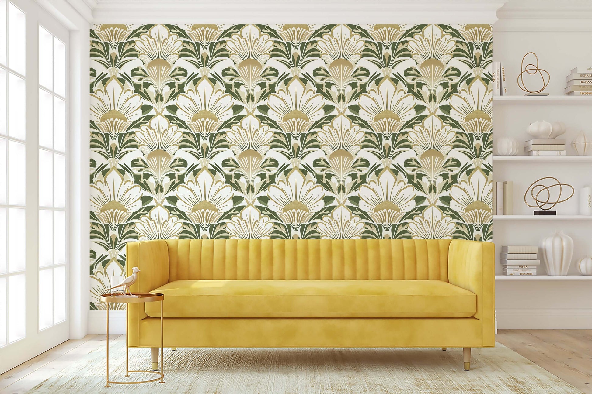 Luxury Art Deco floral wallpaper in ivory, gold, and olive green, featuring white flowers and a green background, enhancing interior decor elegance.