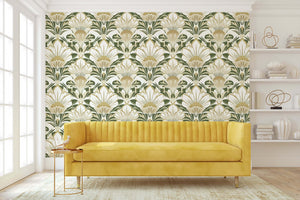 Luxury Art Deco floral wallpaper in ivory, gold, and olive green, featuring white flowers and a green background, enhancing interior decor elegance.