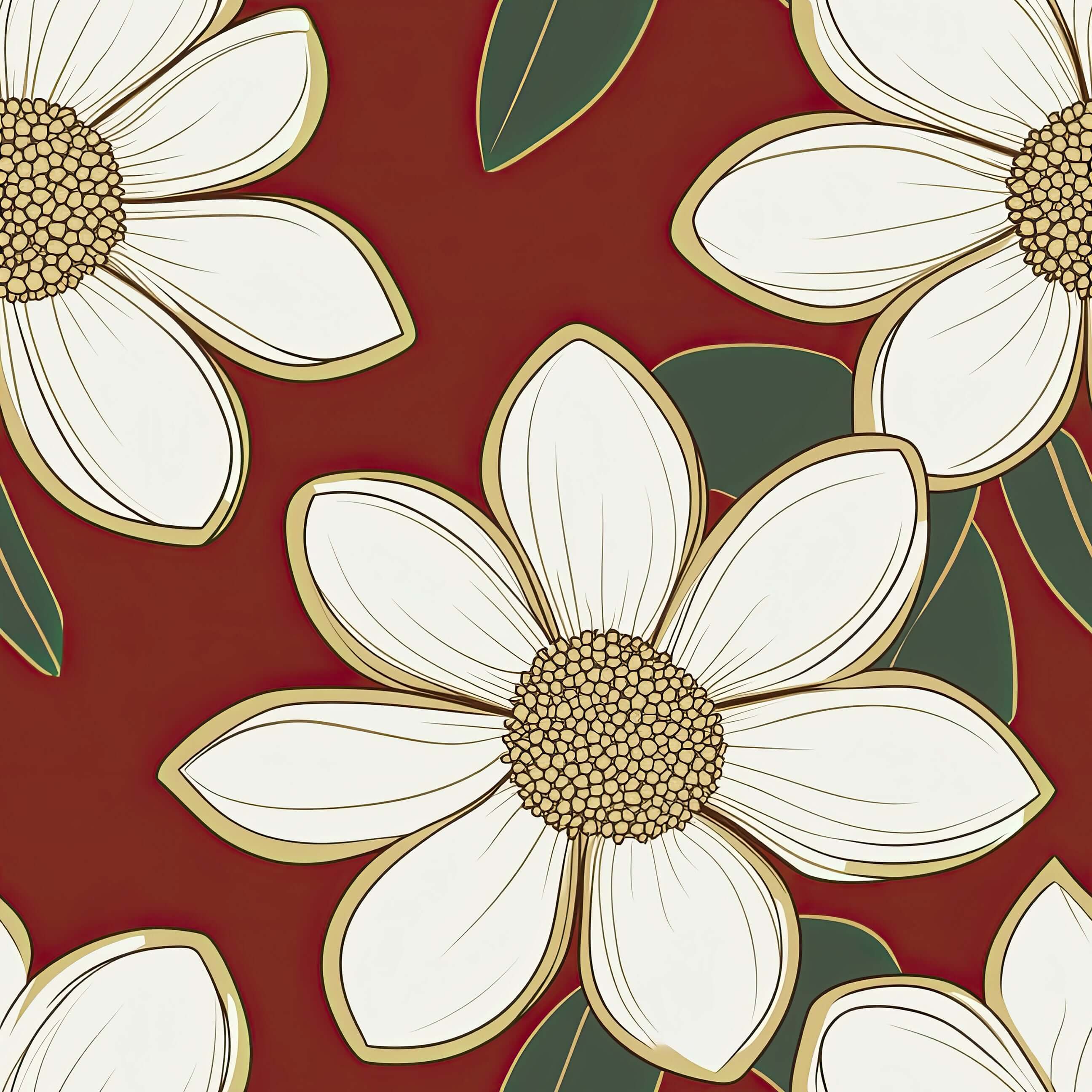 Rich Ruby Blossom wallpaper featuring large white flowers with gold outlines on a red background, perfect for modern and vintage spaces.