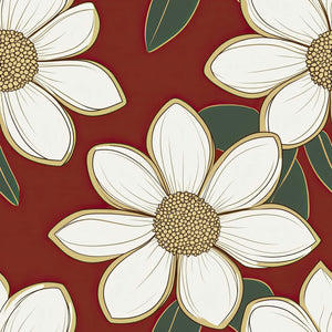 Rich Ruby Blossom wallpaper featuring large white flowers with gold outlines on a red background, perfect for modern and vintage spaces.