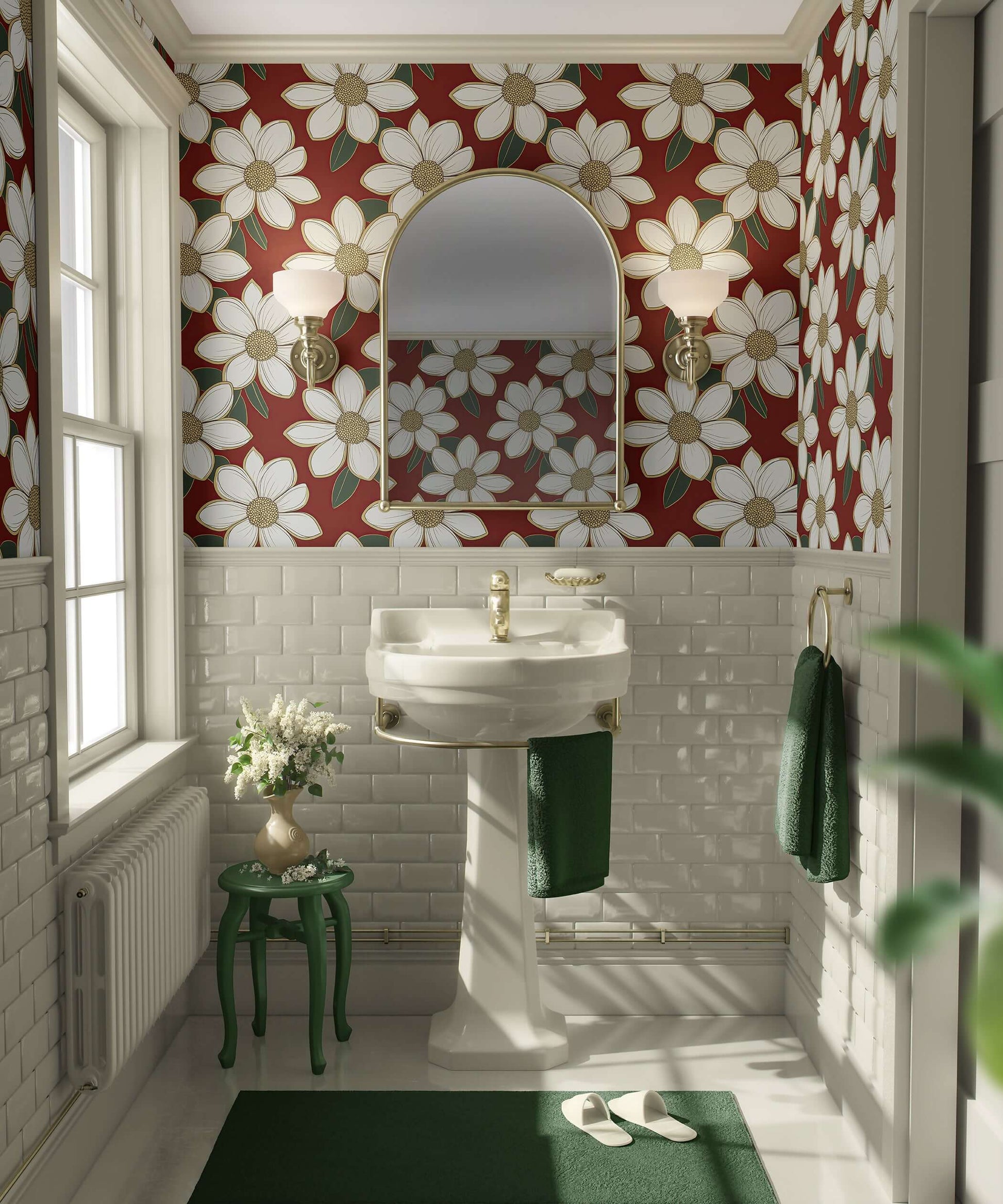 Bathroom with Rich Ruby Blossom wallpaper featuring ivory flowers, red background, and green accents creating a modern, vintage style.