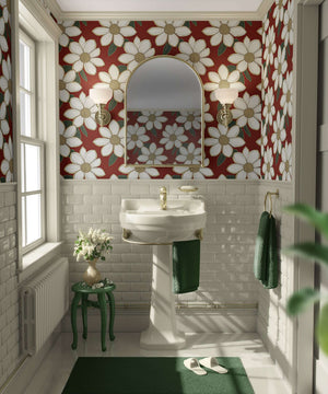 Bathroom with Rich Ruby Blossom wallpaper featuring ivory flowers, red background, and green accents creating a modern, vintage style.