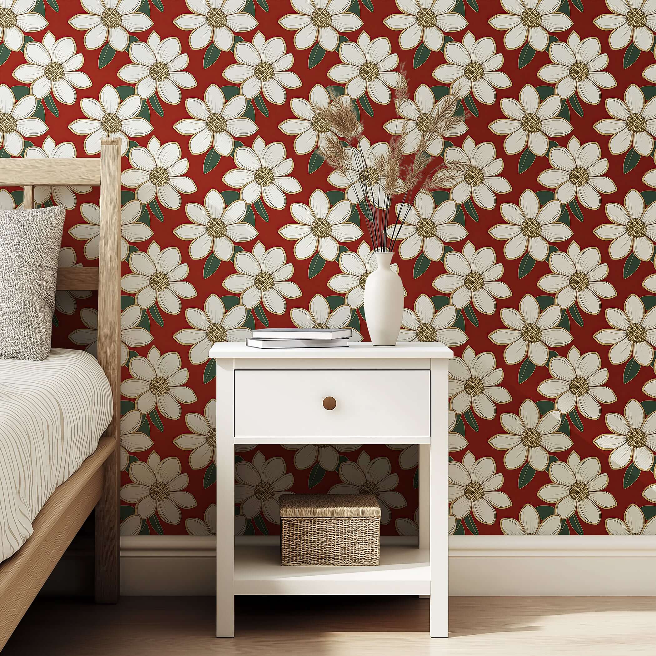 Rich Ruby Blossom wallpaper with large white flowers, gold outlines, and green foliage on red background, creating a modern, elegant look.