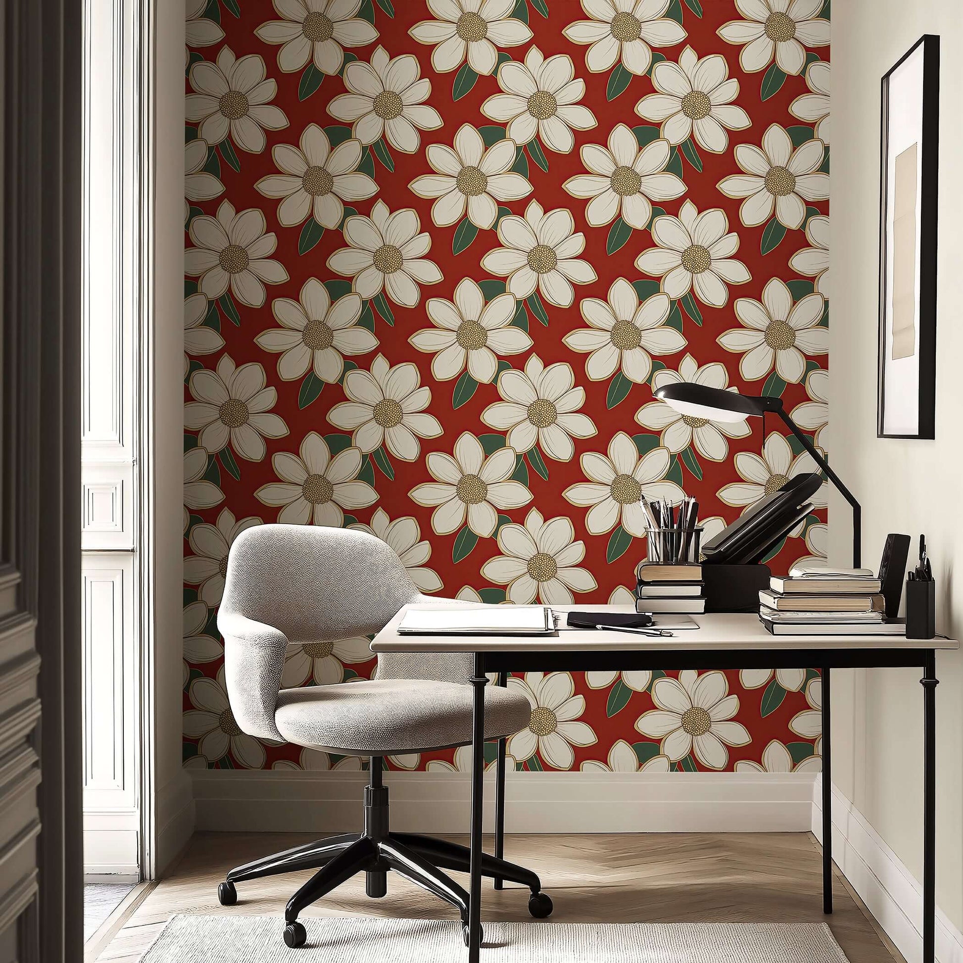 Modern wallpaper with ivory flowers on a vibrant red background, featuring green foliage for contemporary floral elegance in any room.