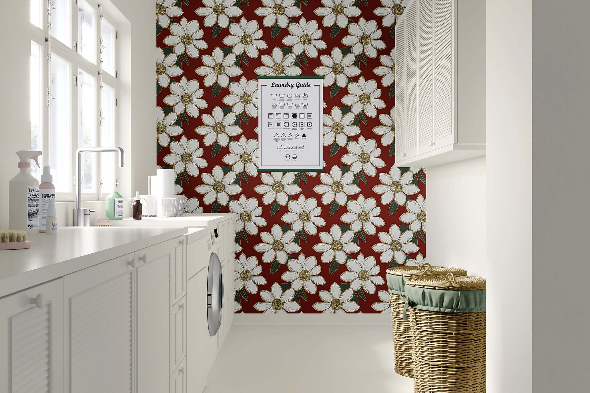 Rich Ruby Blossom wallpaper with large white flowers on a red background, featuring gold accents and green foliage in a modern laundry room.