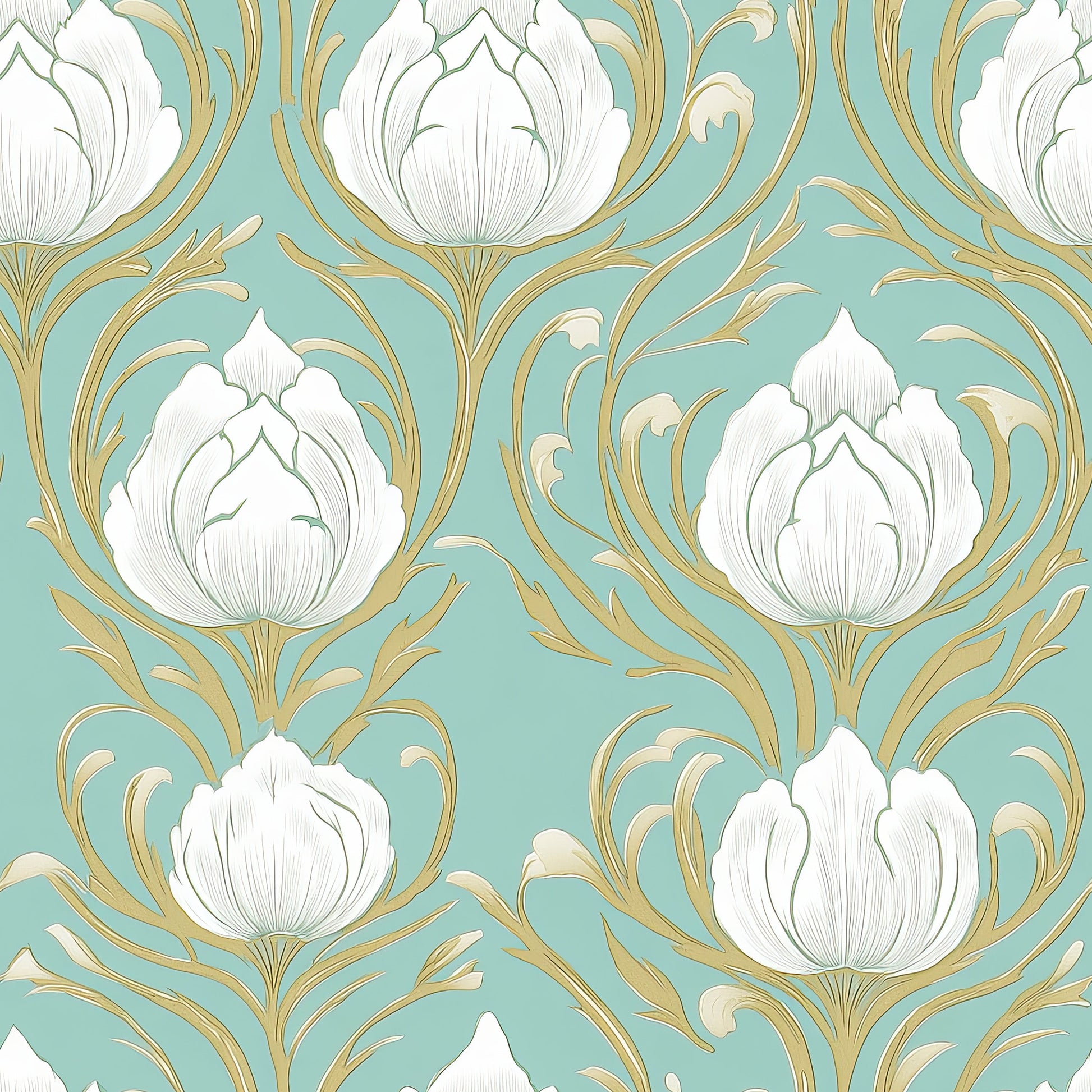 Teal Garden Elegance wallpaper featuring white lotus-shaped flowers with gold accents on a teal background, showcasing Art Nouveau damask design.