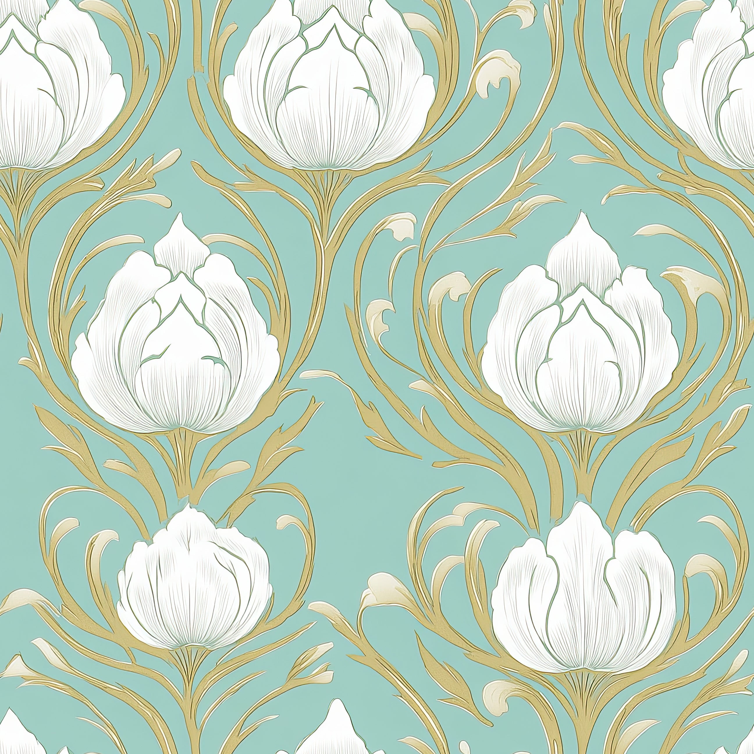 Teal Garden Elegance wallpaper featuring white lotus-shaped flowers with gold accents on a teal background, showcasing Art Nouveau damask design.