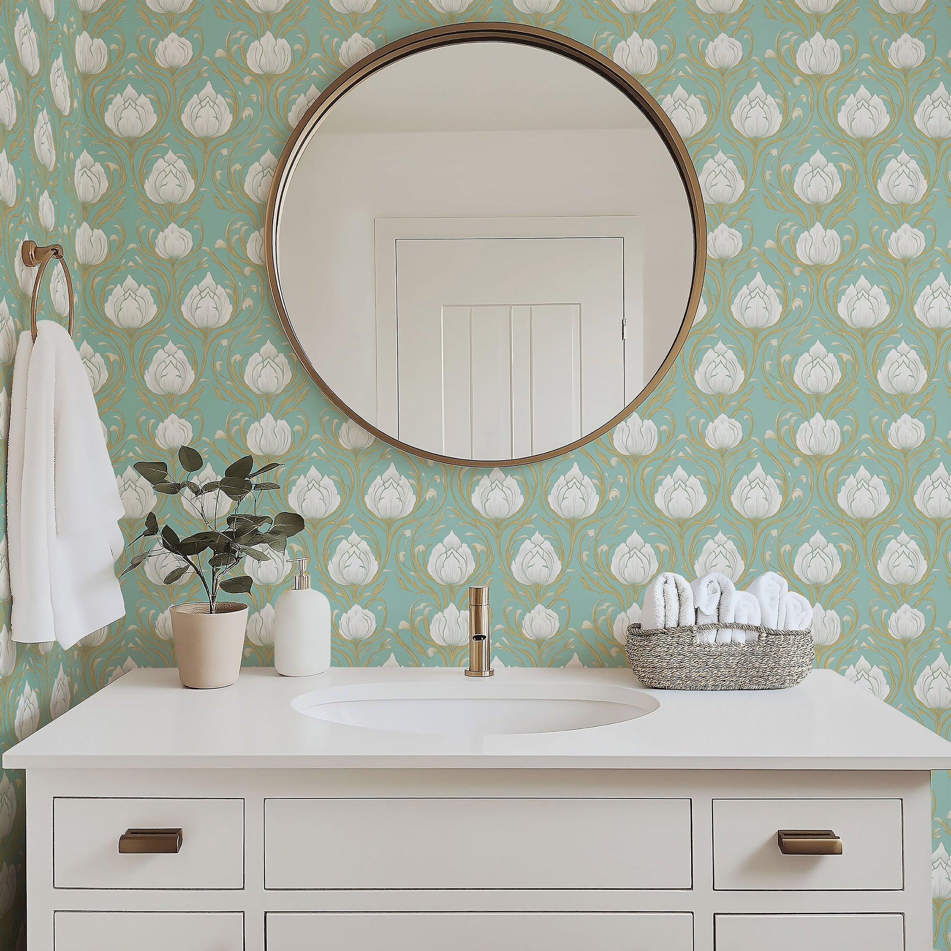 Elegant bathroom with Teal Garden Elegance wallpaper featuring white lotus flowers on a teal background, floral damask design.