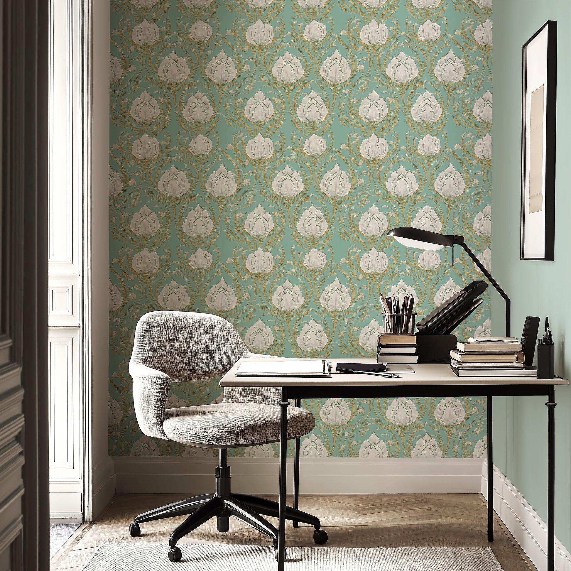 Teal wallpaper with white lotus flowers and gold accents, creating an Art Nouveau-inspired, sophisticated look in a serene office space.