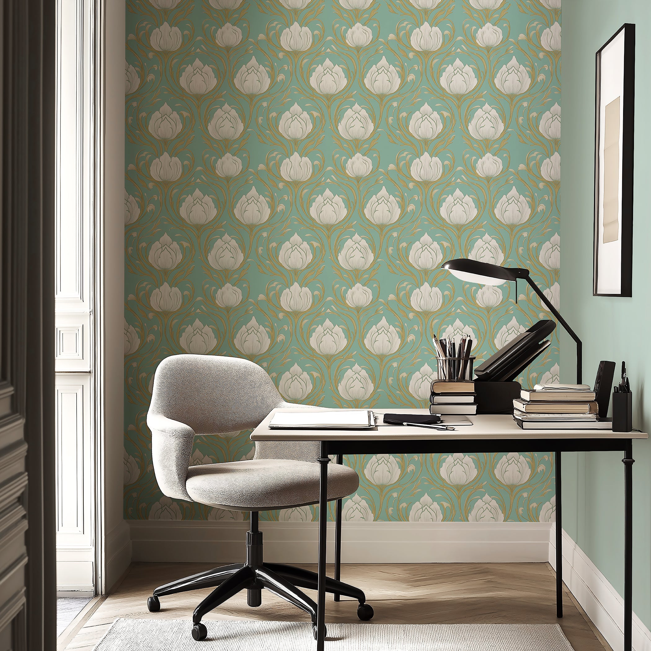 Teal wallpaper with white lotus flowers and gold accents, creating an Art Nouveau-inspired, sophisticated look in a serene office space.