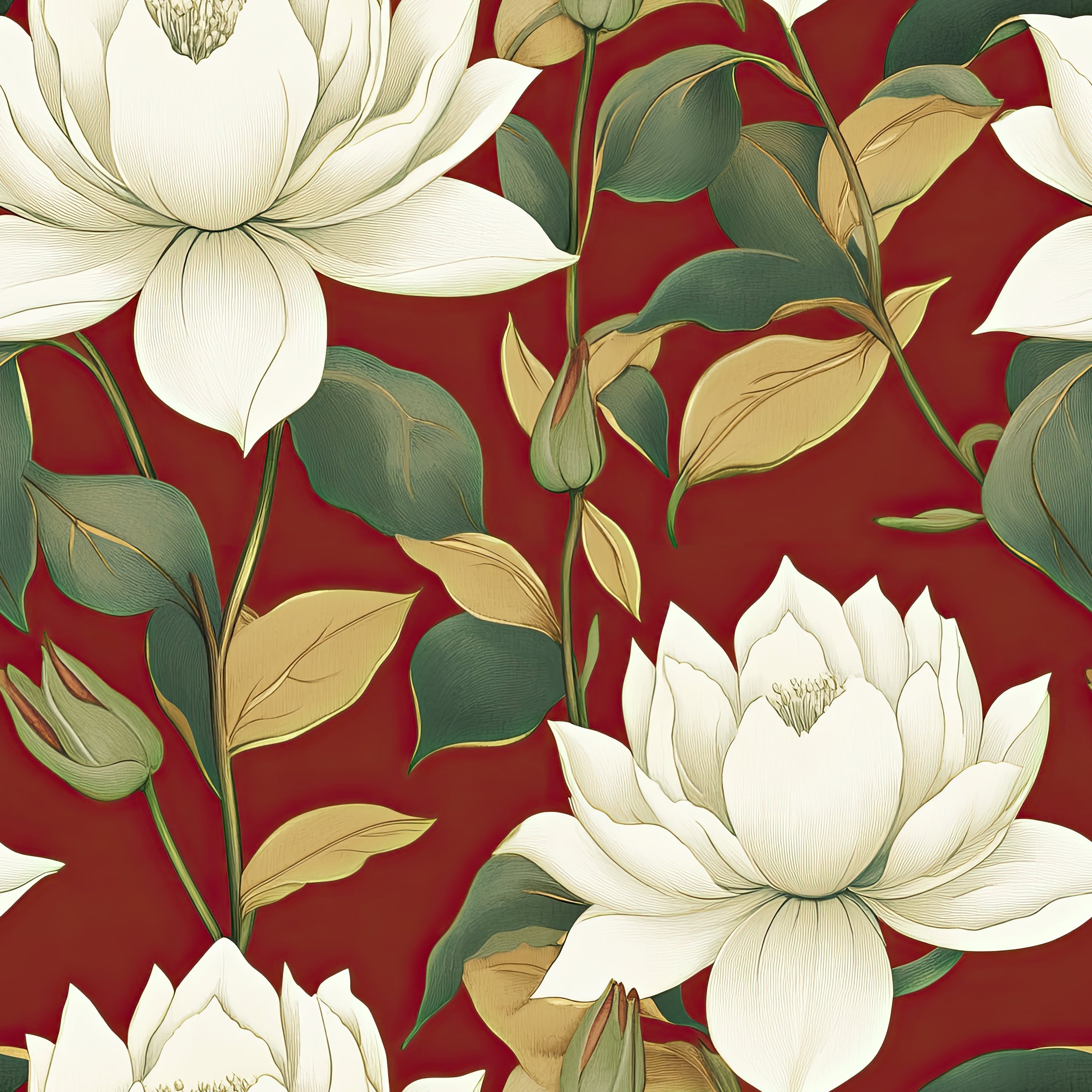 Opulent Red Garden Wallpaper with white florals on a rich red background, showcasing magnolia-style flowers and green leaves, sophisticated decor.