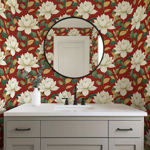 Luxurious wallpaper with white flowers on a red background, showcasing sophisticated florals and timeless elegance in home decor.