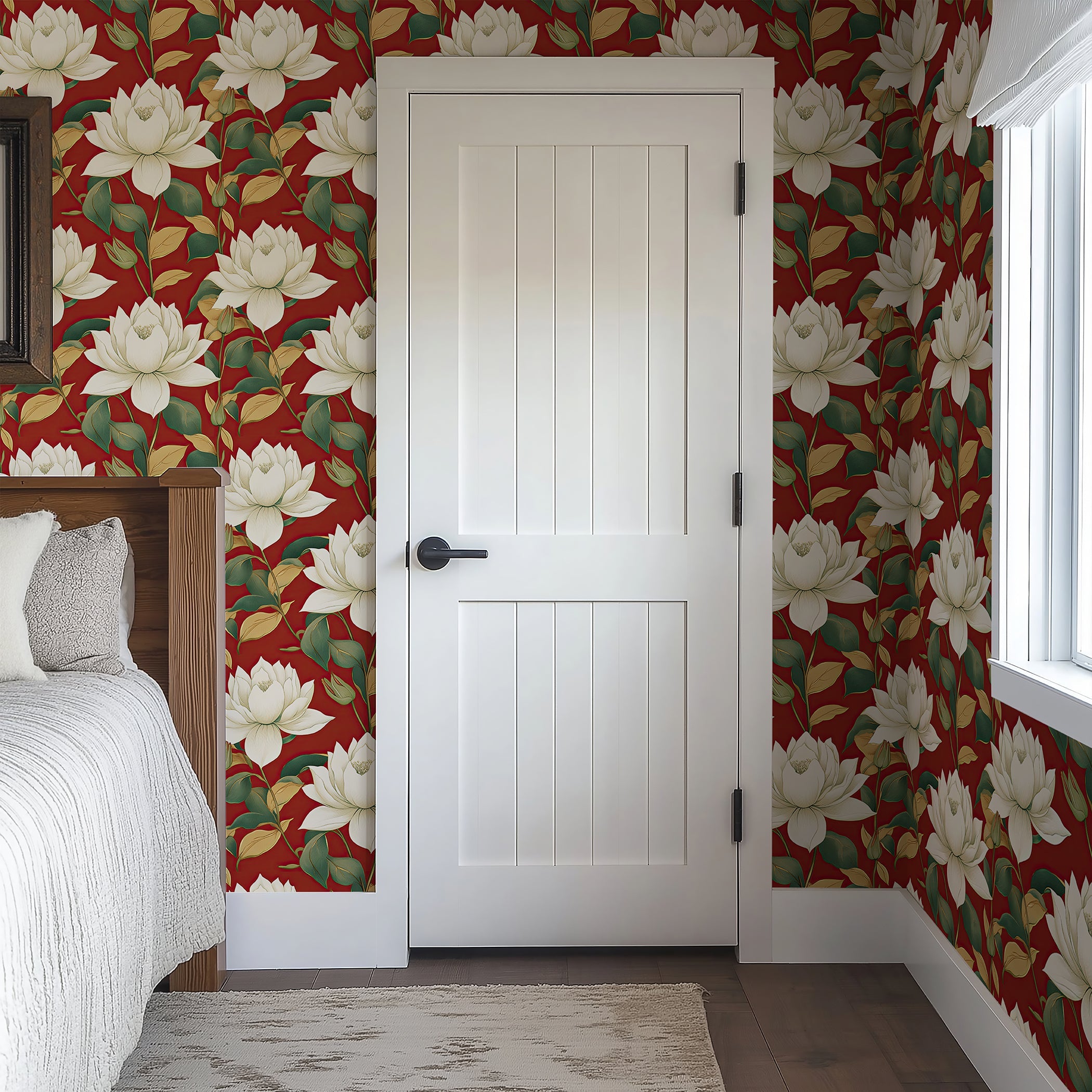 Opulent Red Garden wallpaper featuring ivory magnolia-style flowers with green leaves on a ruby red background, adding timeless elegance.