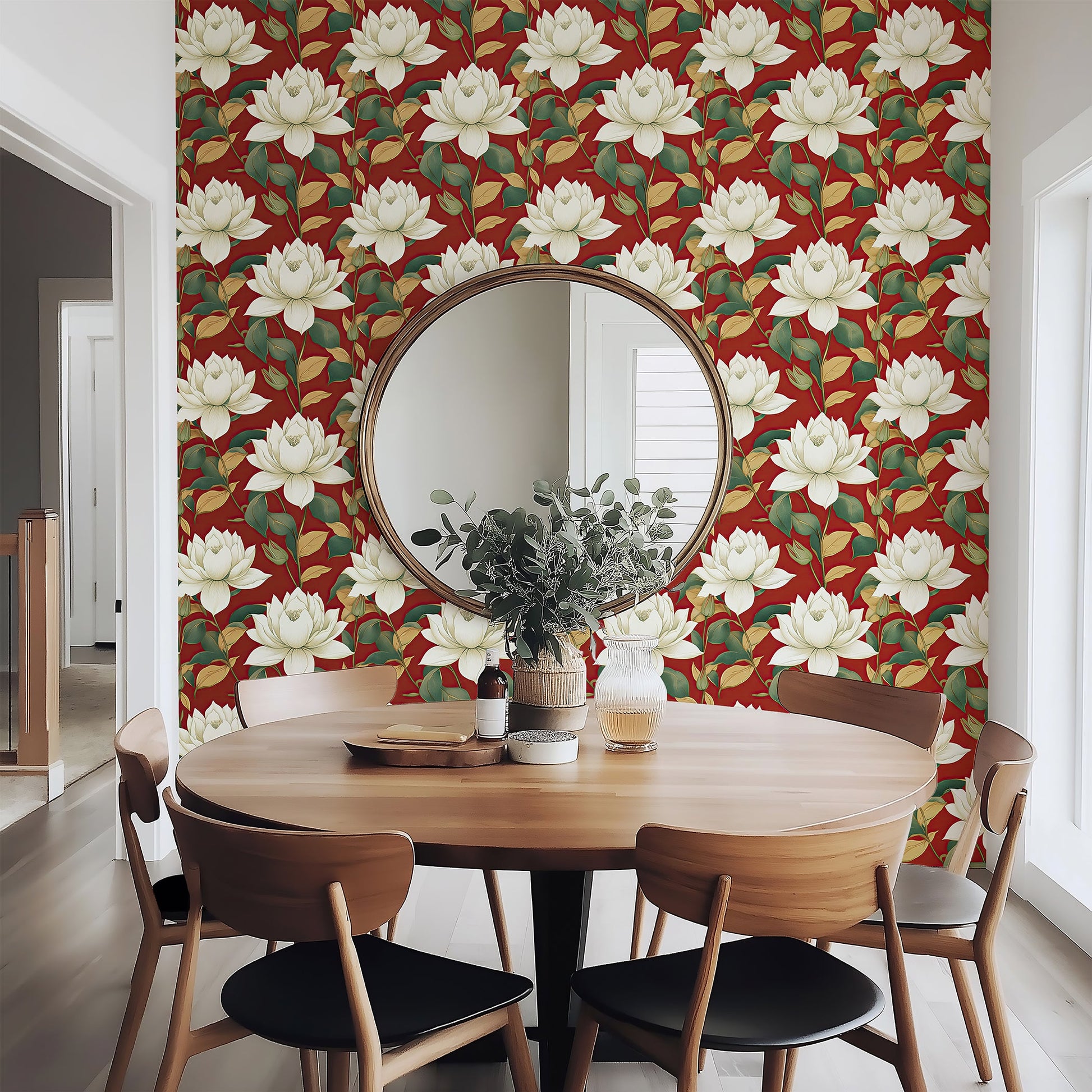 Elegant dining room with Opulent Red Garden wallpaper featuring white magnolia-style flowers and green leaves on a red background.