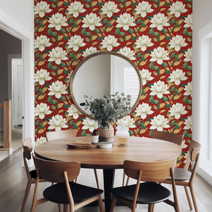 Elegant dining room with Opulent Red Garden wallpaper featuring white magnolia-style flowers and green leaves on a red background.