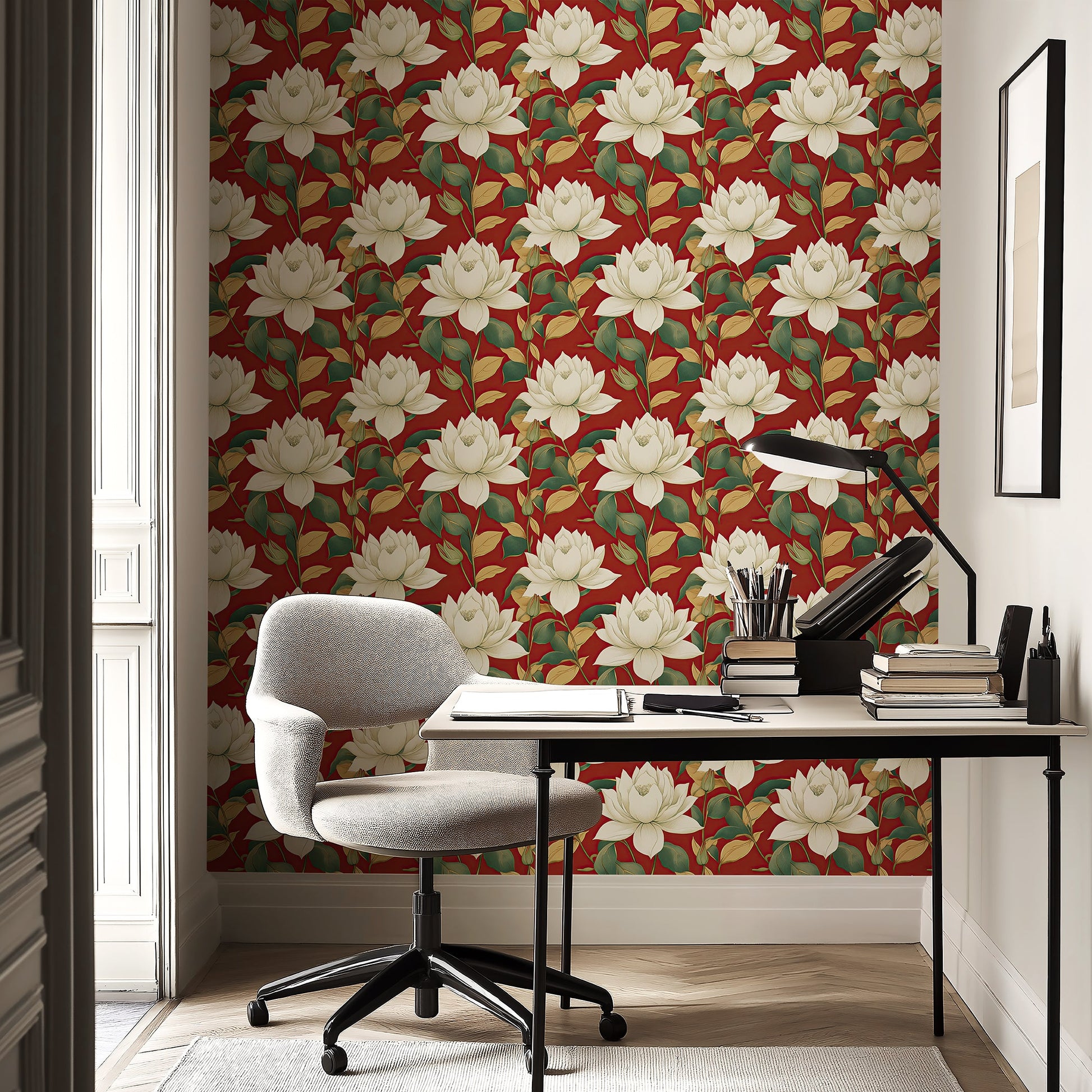 Opulent red garden wallpaper featuring white magnolia-style flowers and green leaves on a red background, adding timeless elegance to the room.