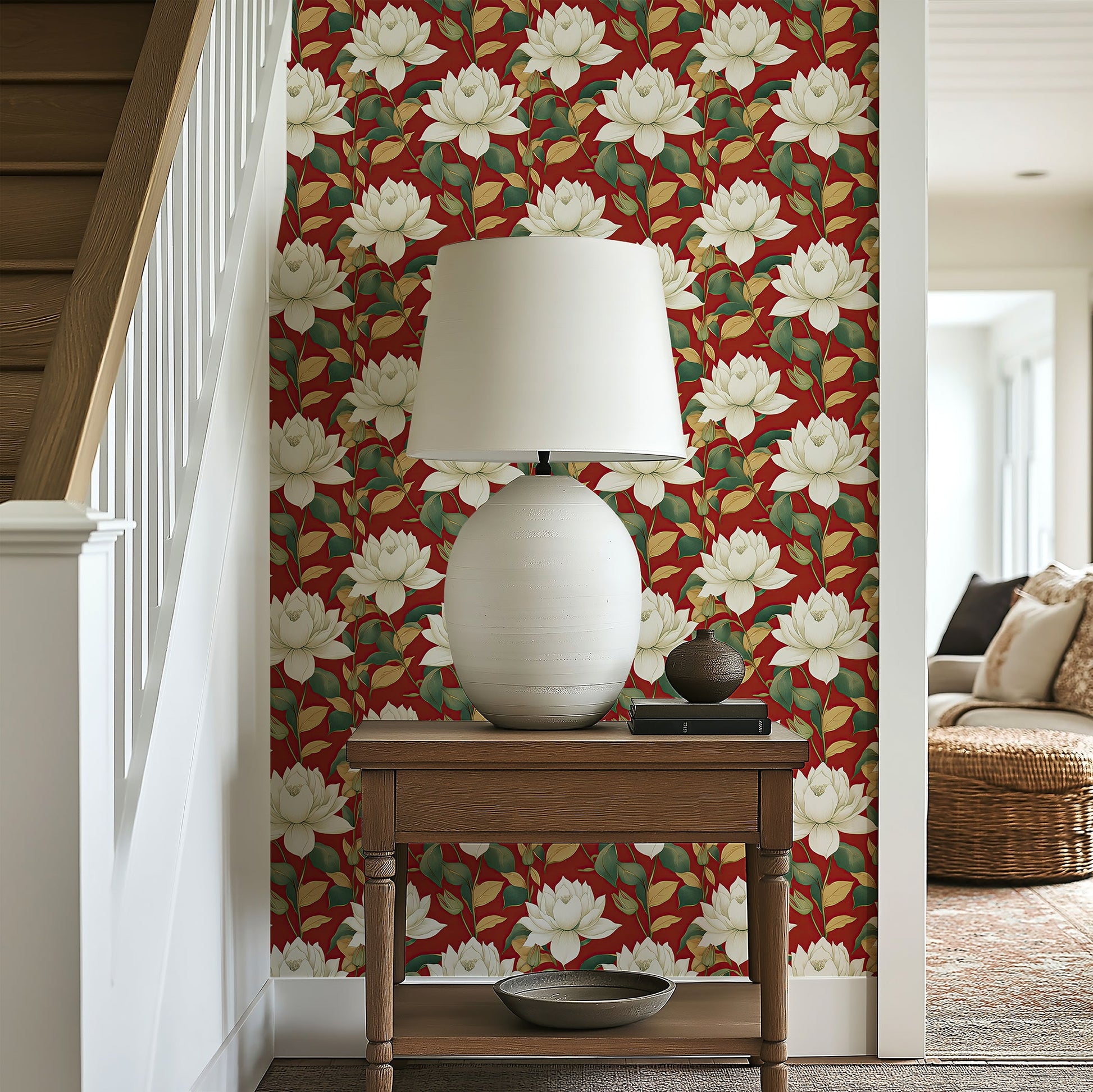 Elegant white floral wallpaper with ivory magnolia-style flowers on a rich red background, enhancing sophistication and timeless beauty.