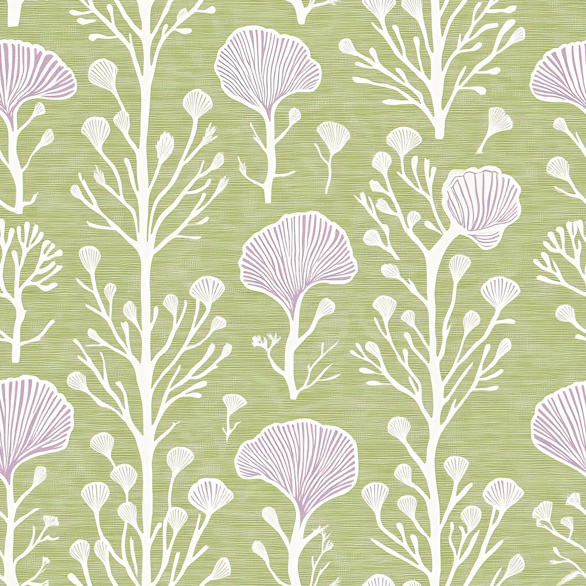 Lavender Grove Whimsy Wallpaper featuring whimsical lavender florals on white stems with a soft green background for a modern touch.