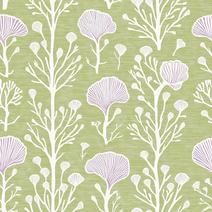 Lavender Grove Whimsy Wallpaper featuring whimsical lavender florals on white stems with a soft green background for a modern touch.