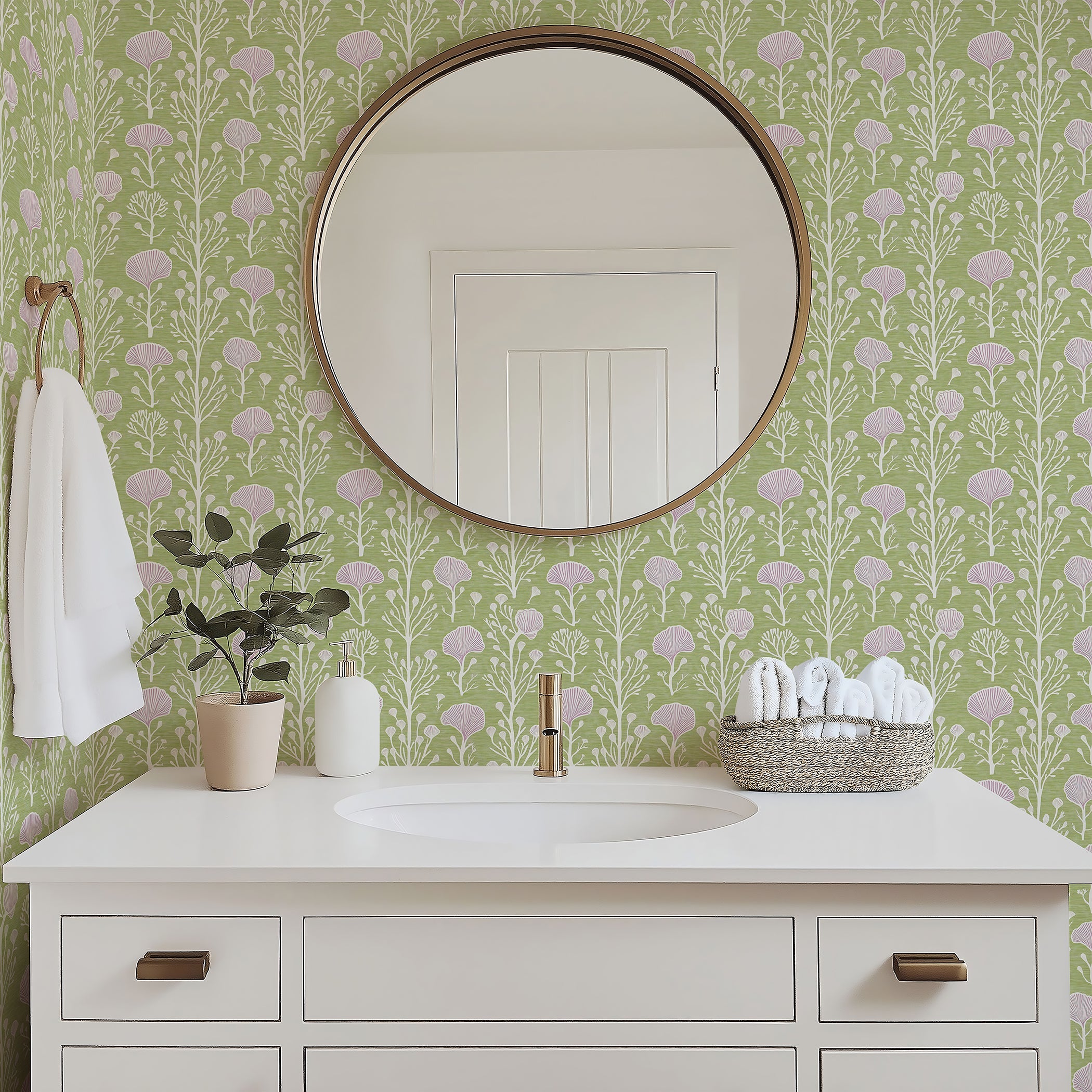 Modern bathroom with Lavender Grove Whimsy wallpaper, featuring purple florals on green background. Elegant and playful design.