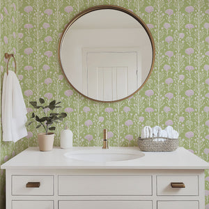 Modern bathroom with Lavender Grove Whimsy wallpaper, featuring purple florals on green background. Elegant and playful design.