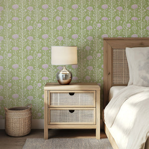 Lavender Grove Whimsy wallpaper in bedroom with florals, green and purple hues for a modern, contemporary feel.
