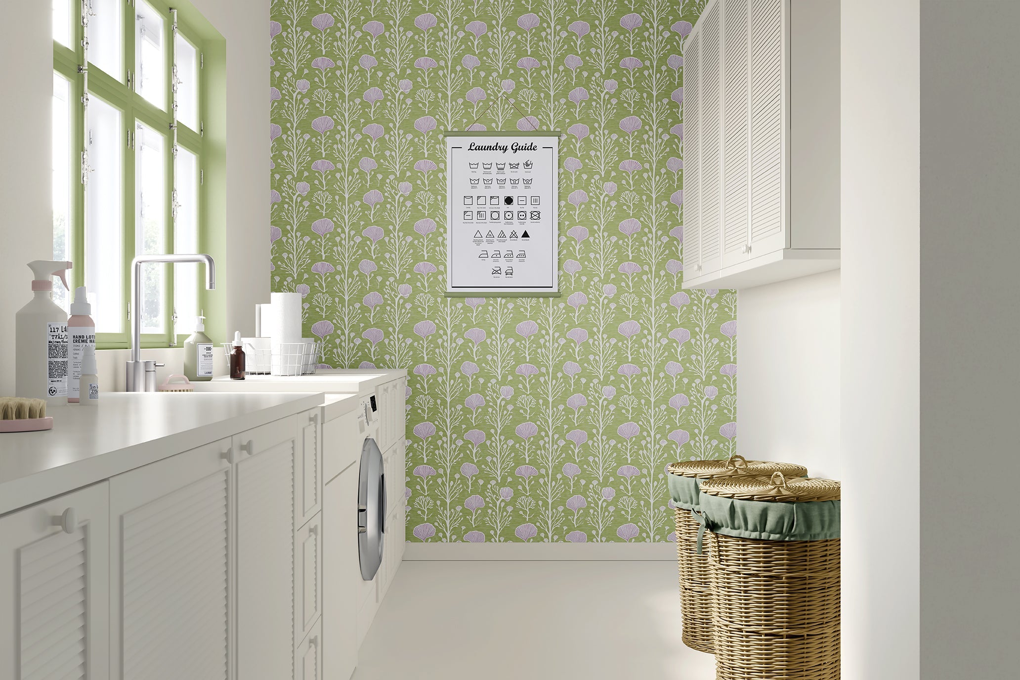 Laundry room featuring modern Lavender Grove Whimsy wallpaper with purple florals on a green background for a contemporary chic look.