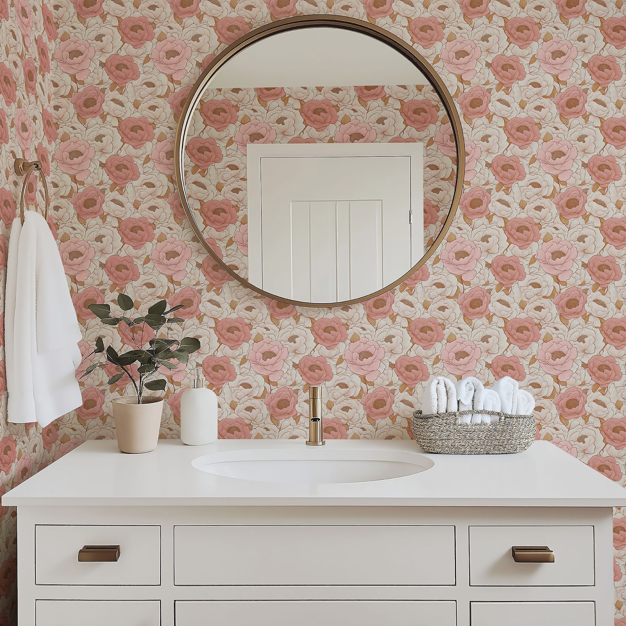 Elegant bathroom with Blush Peony Dream floral wallpaper in pink and peach hues, featuring a round mirror and minimalist decor.