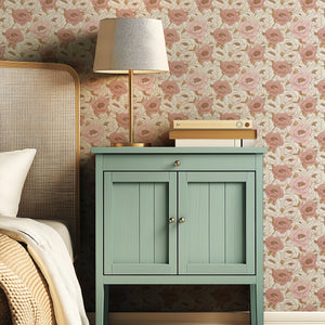 Elegant bedroom with Blush Peony Dream wallpaper in pink and peach shades, showcasing modern floral design for a soothing atmosphere.