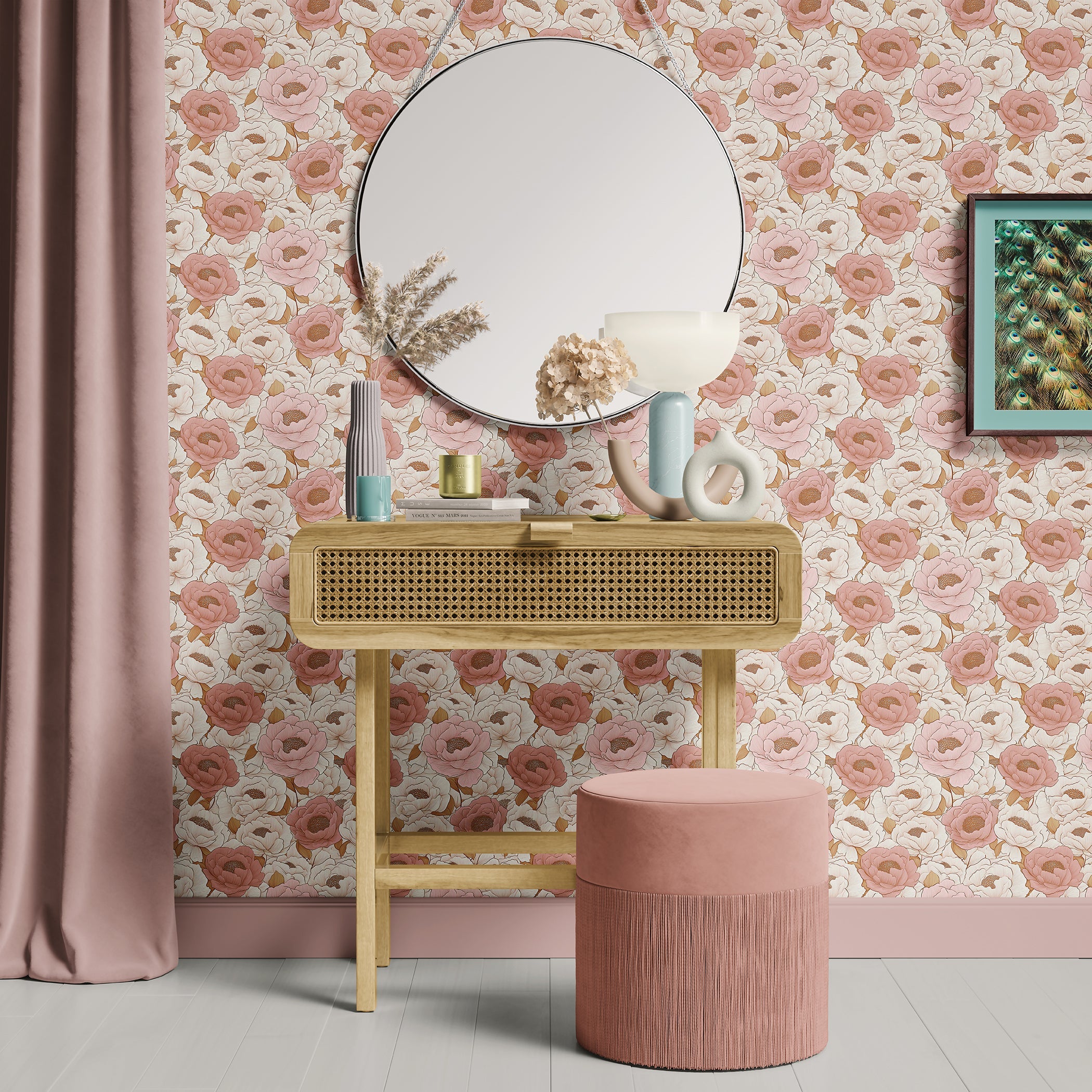 Modern room with blush peony wallpaper, featuring pink and peach floral design, creating an elegant, monochromatic ambiance.