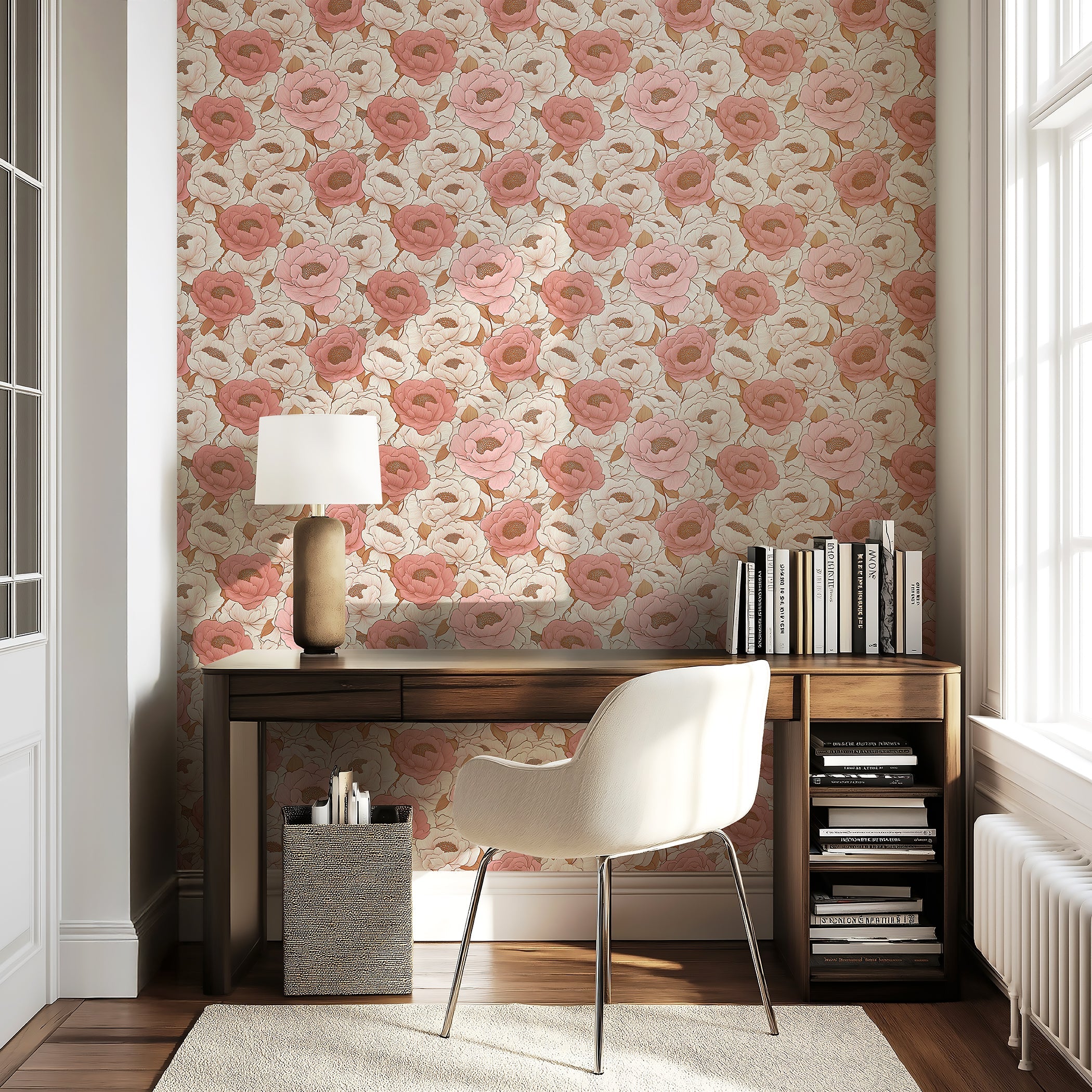 Blush Peony Dream wallpaper with pink and ivory floral design, creating a modern, romantic atmosphere in a home office setting.
