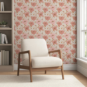 Elegant living room with Blush Peony Dream wallpaper, featuring hand-drawn peonies in blush and ivory hues, modern armchair in foreground.