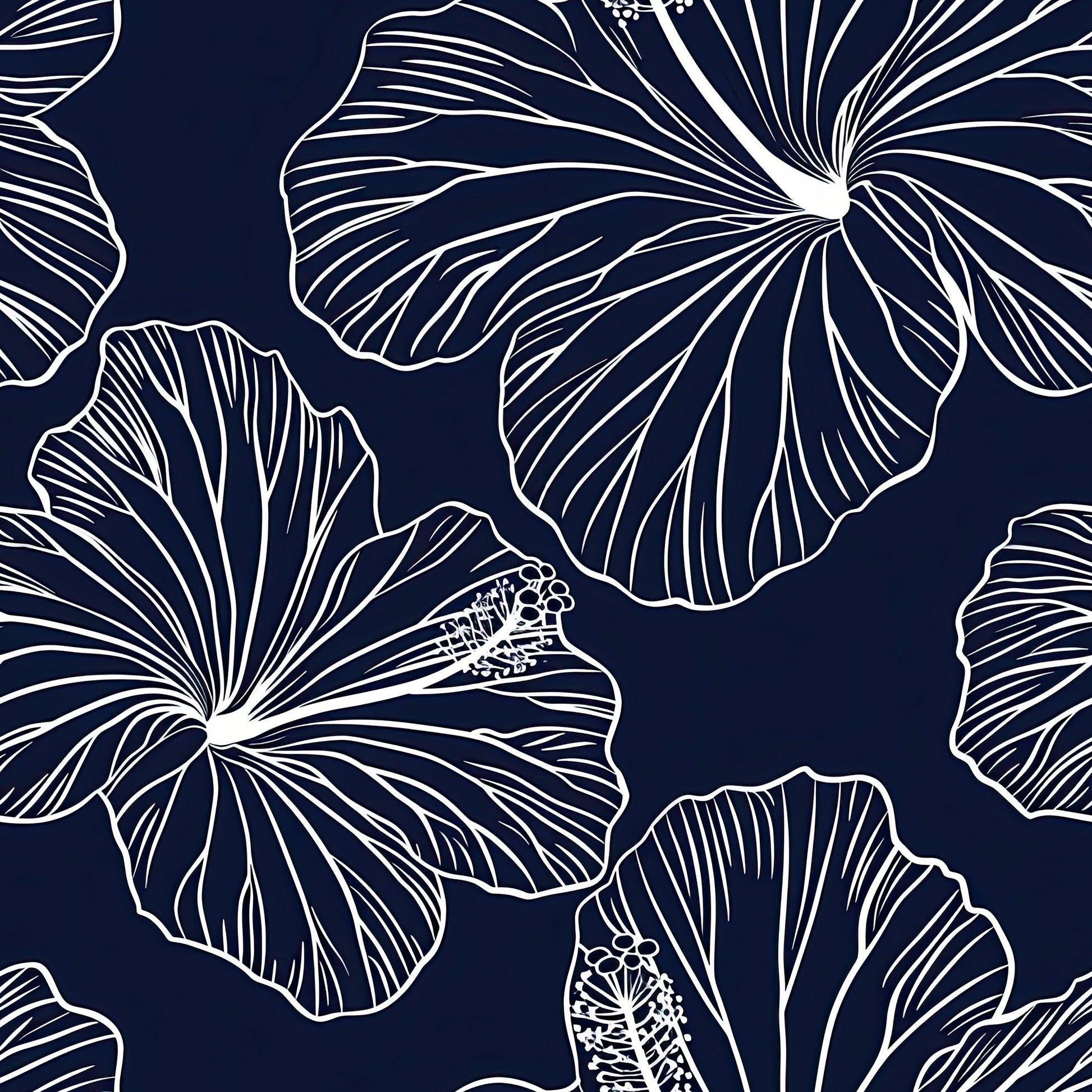 Island Nights Floral Wallpaper with white hibiscus line drawings on a deep navy background, showcasing bold, tropical, coastal style.