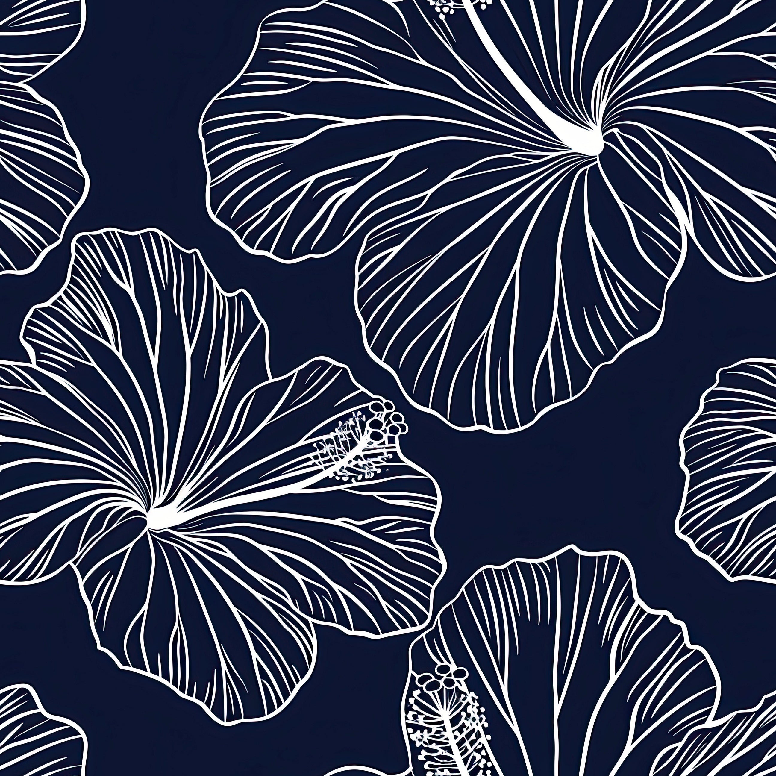 Island Nights Floral Wallpaper with white hibiscus line drawings on a deep navy background, showcasing bold, tropical, coastal style.
