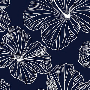 Island Nights Floral Wallpaper with white hibiscus line drawings on a deep navy background, showcasing bold, tropical, coastal style.